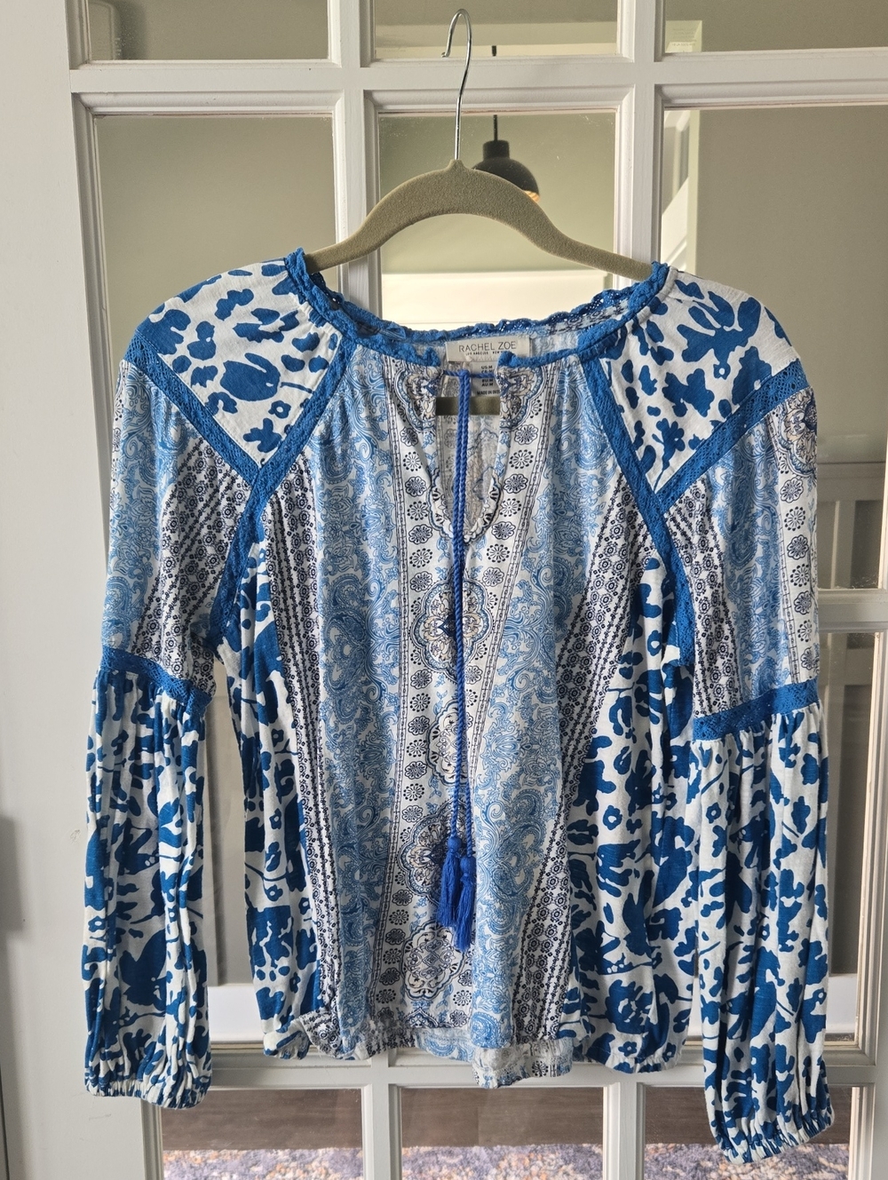 Rachel Zoe Blue & White Paisley Patchwork Peasant Top